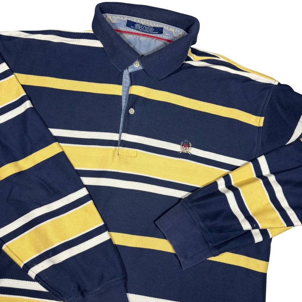 Tommy Hilfiger Vintage Mens Long Sleeve Rugby Shirt Navy Yellow Striped Crest XL